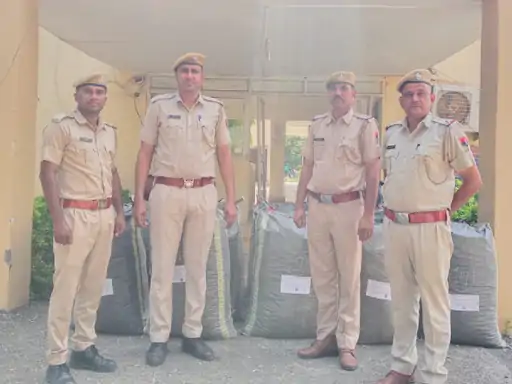 कार से 323 किलो डोडा-चूरा, मैगजीन और जिंदा कारतूस बरामद